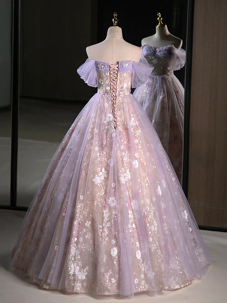 A-Line Off Shoulder Tulle Lace Purple Long Prom Dress, Purple Formal Dress - Deanwangkt