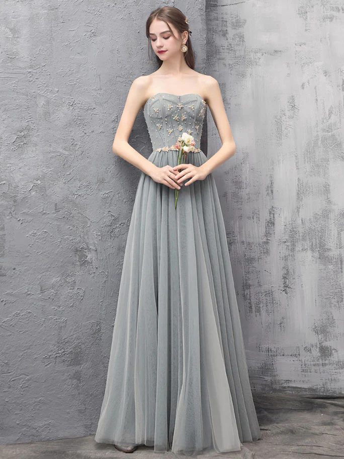 Gray A-line Tulle Long Prom Dress Gray A-line Formal Evening Dress - Deanwangkt