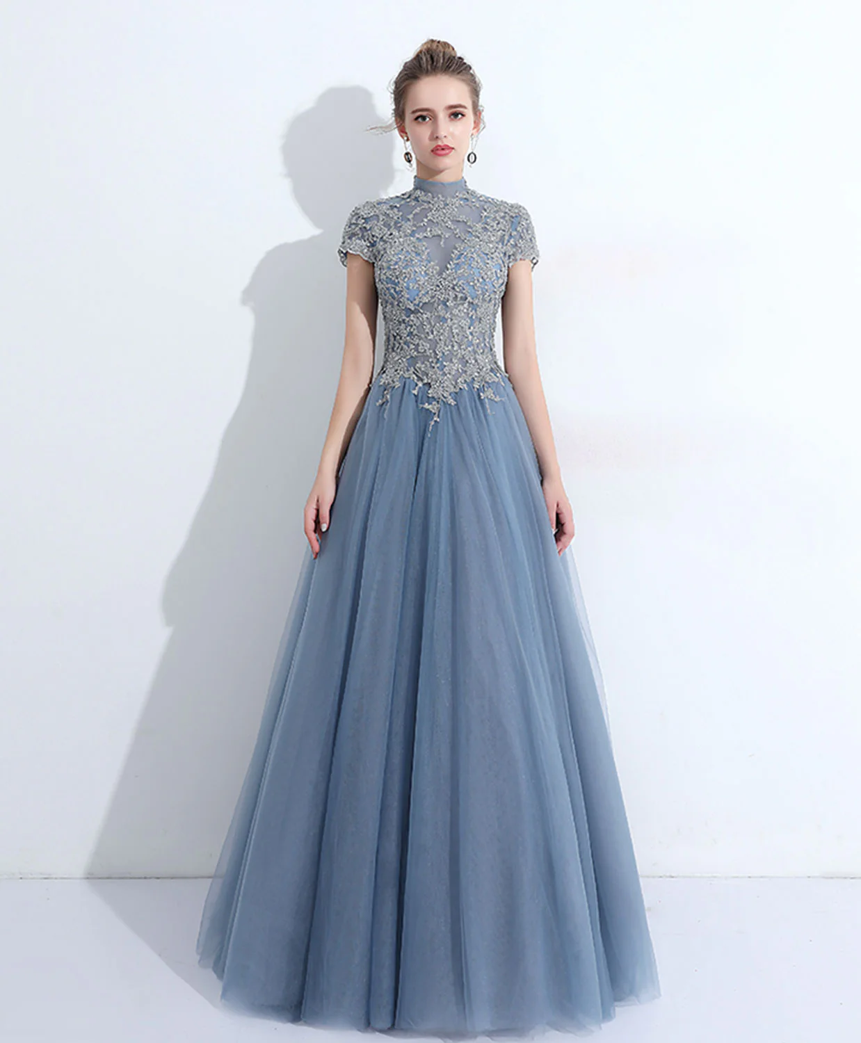 Gray Blue Round Neck Tulle Lace Long Prom Dress, Gray Blue Evening Dress - Deanwangkt