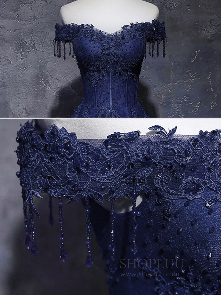 A-Line Off Shoulder Tulle Lace Dark Blue Long Prom Dress, Dark Blue Long Formal Dress - Deanwangkt