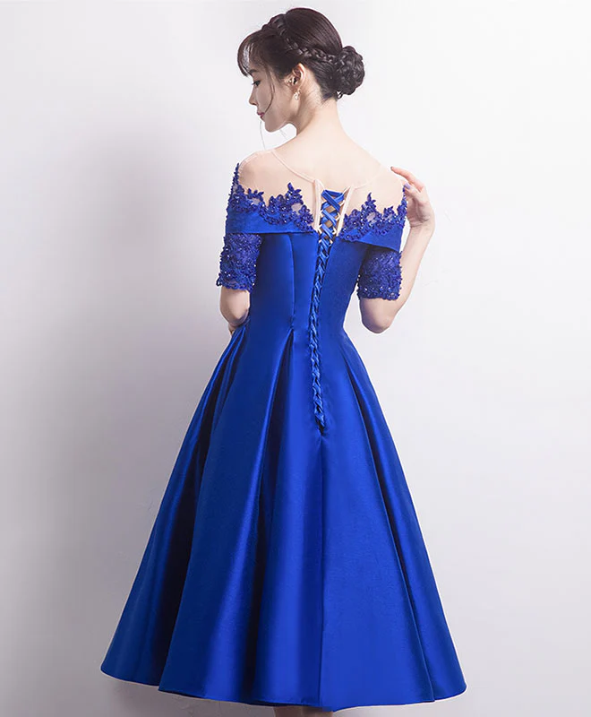 Blue Round Neck Satin Lace Prom Dress, Blue Bridesmaid Dress - Deanwangkt