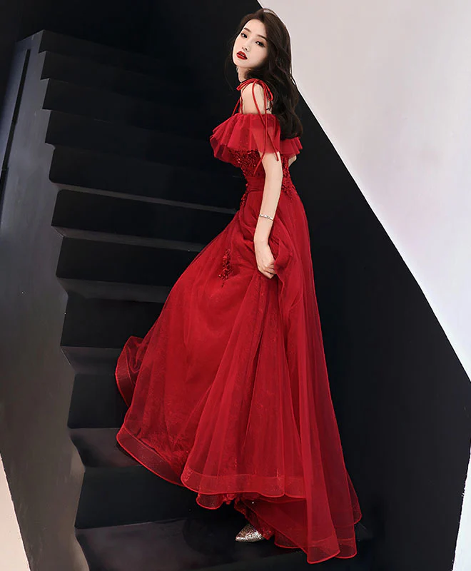 Red Tulle Lace Long Prom Dress Red Lace Formal Party Dress - Deanwangkt