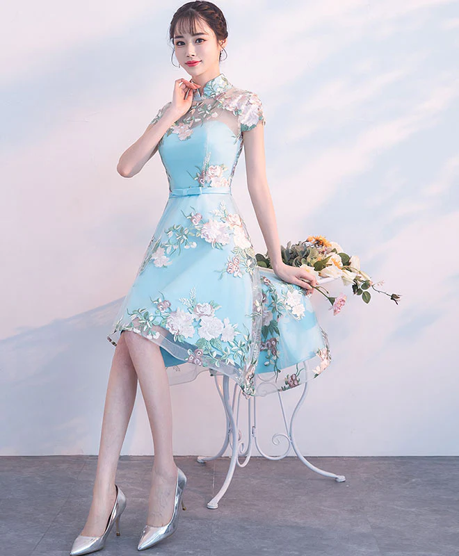 Unique Blue Tulle Embroidery Short Prom Dress, Blue Evening Dress - Deanwangkt