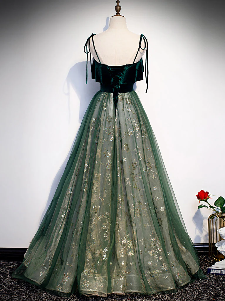 Green Tulle Lace Long Prom Dress, Green Tulle Formal Dress - Deanwangkt