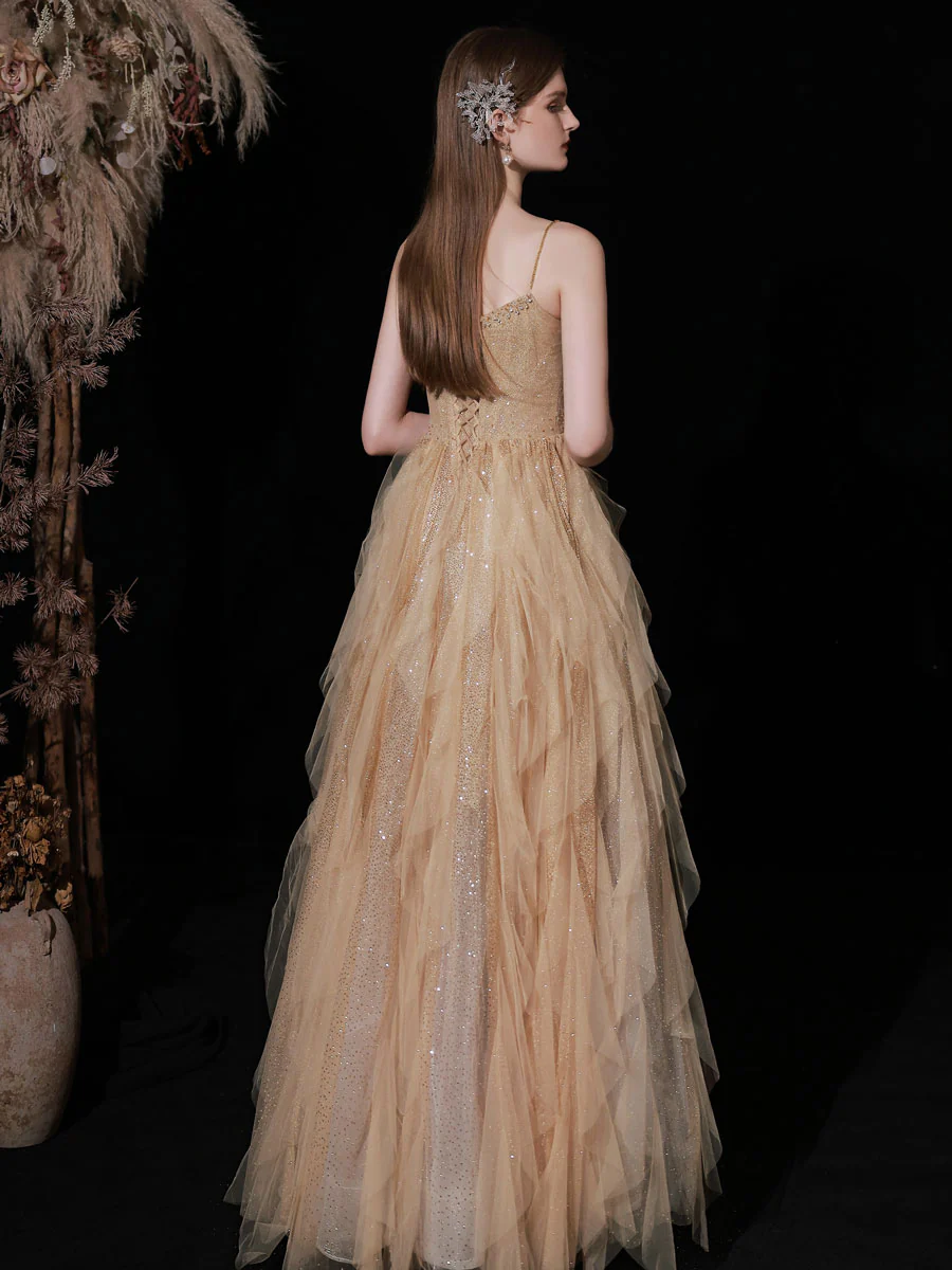 Champagne Tulle Sequin Long Prom Dress, Champagne Tulle Formal Dress - Deanwangkt