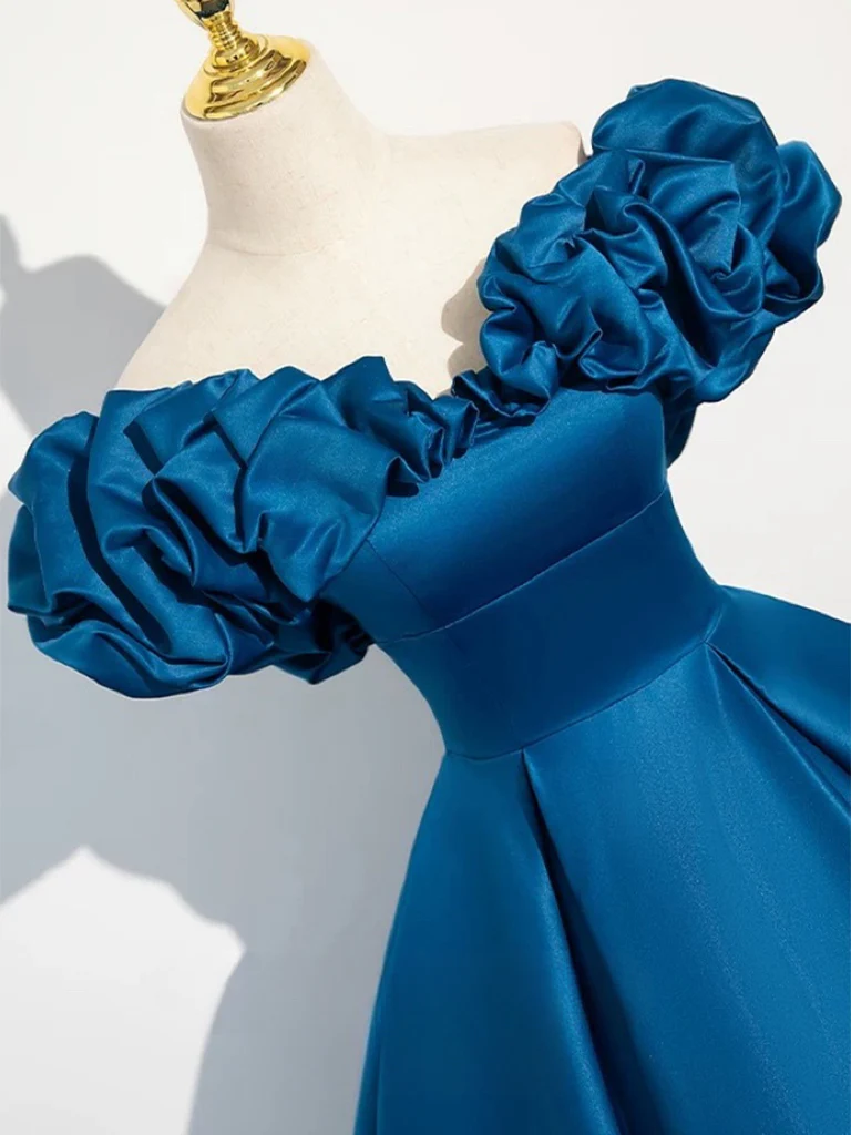 A-Line Off Shoulder Satin Blue Long Prom Dress, Blue Long Formal Dress - Deanwangkt