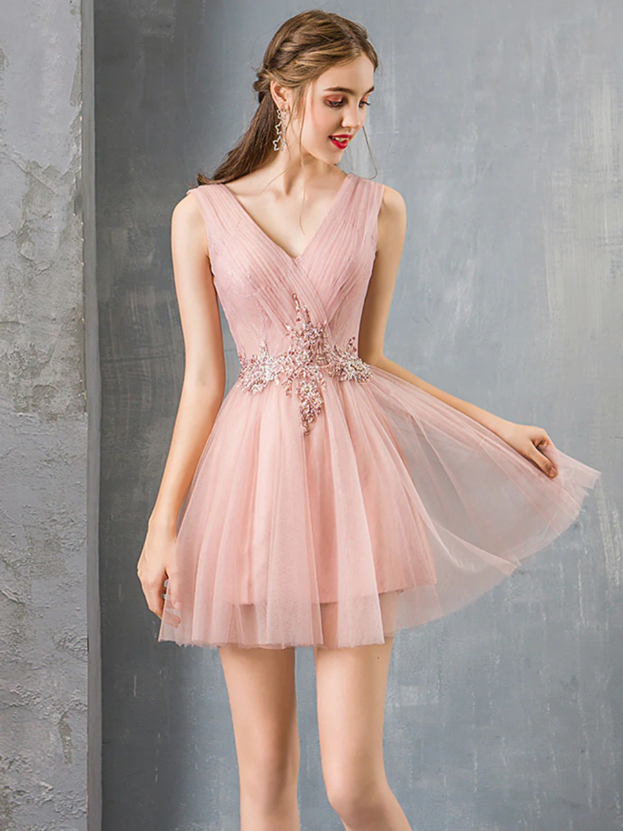 Pink V Neck Tulle Lace Short Prom Dress Pink Homecoming Dress - Deanwangkt