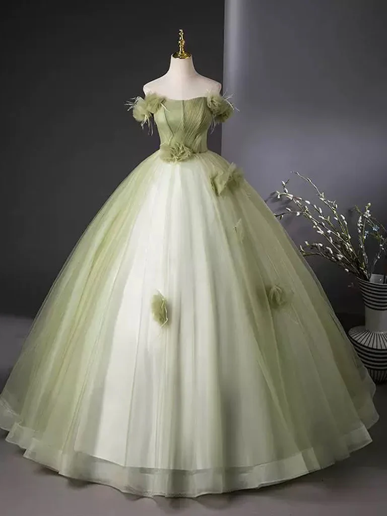 A-Line Off Shoulder Tulle Green Long Prom Dress, Green Long Evening Dress - Deanwangkt