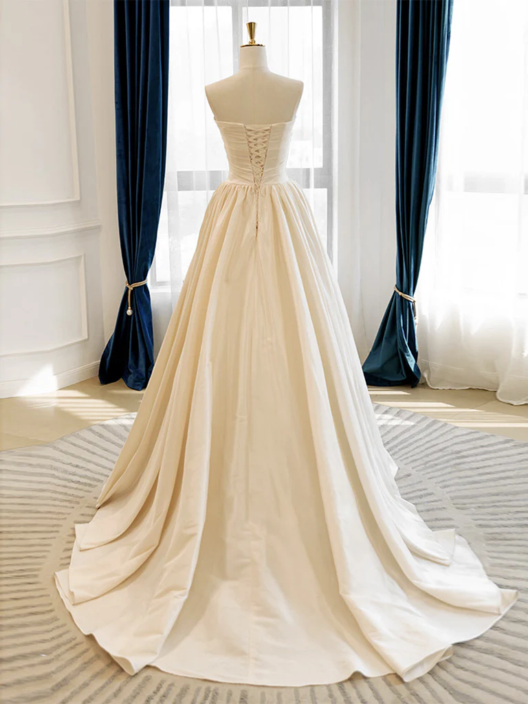 A-Line Taffeta Light Champagne Long Prom Dress, Light Champagne Long Evening Dress - Deanwangkt