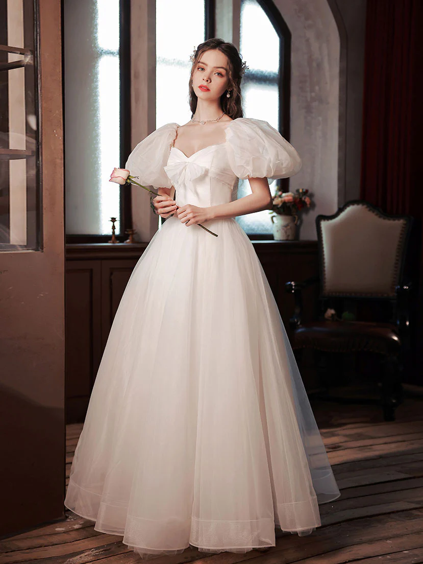 White Tulle Puffy Sleeves Long Prom Dress, White Tulle Sweet 16 Dresses - Deanwangkt