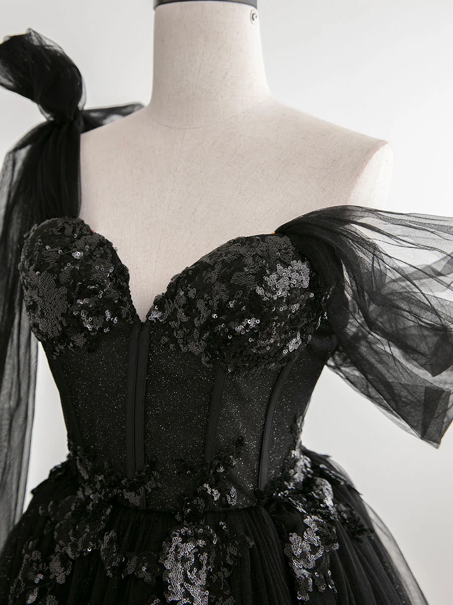Black A line one Shoulder Tulle Long Prom Dresses, Black Tulle Formal Dresses - Deanwangkt