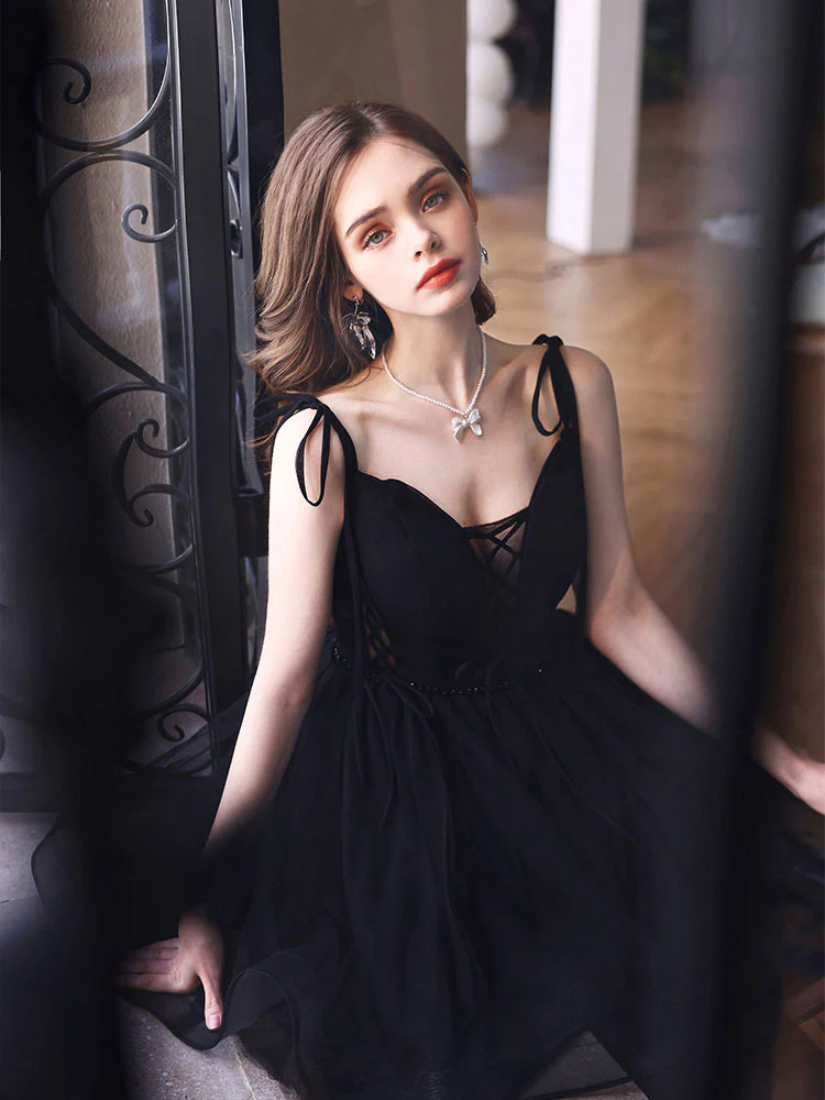 Cute V Neck Tulle Black Short Prom Dress, Black Homecoming Dresses - Deanwangkt