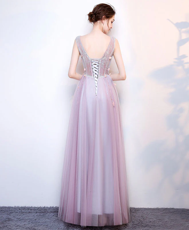 A Line V Neck Lace Tulle Long Prom Dress, Lace Evening Dress - Deanwangkt