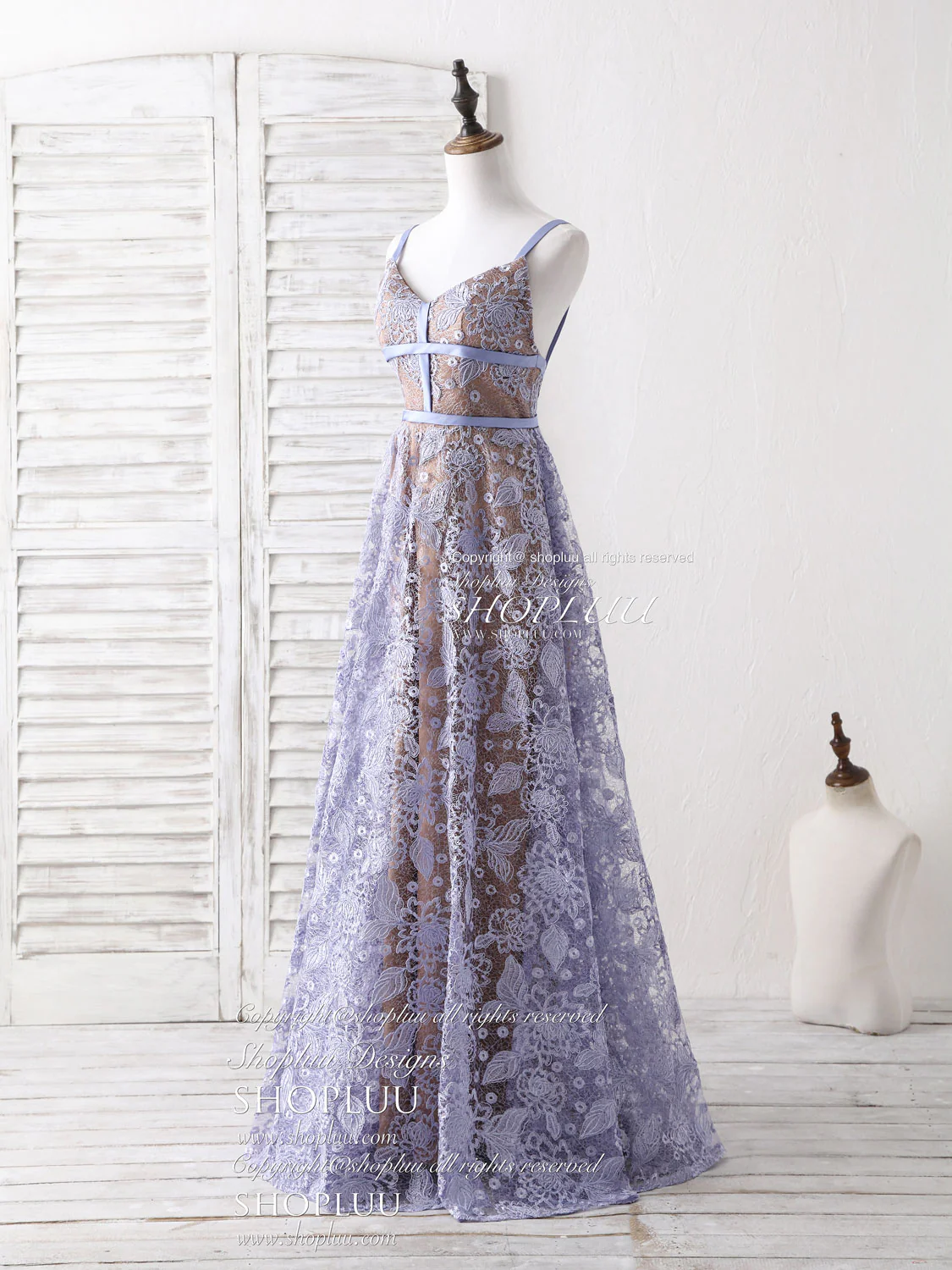Unique V Neck Lace Long Prom Dress Purple Lace Evening Dress - Deanwangkt