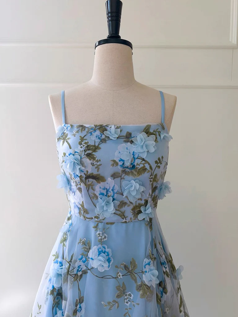 Simple A-Line Tulle 3D Flower Blue Long Prom Dress, Blue Party Dress - Deanwangkt