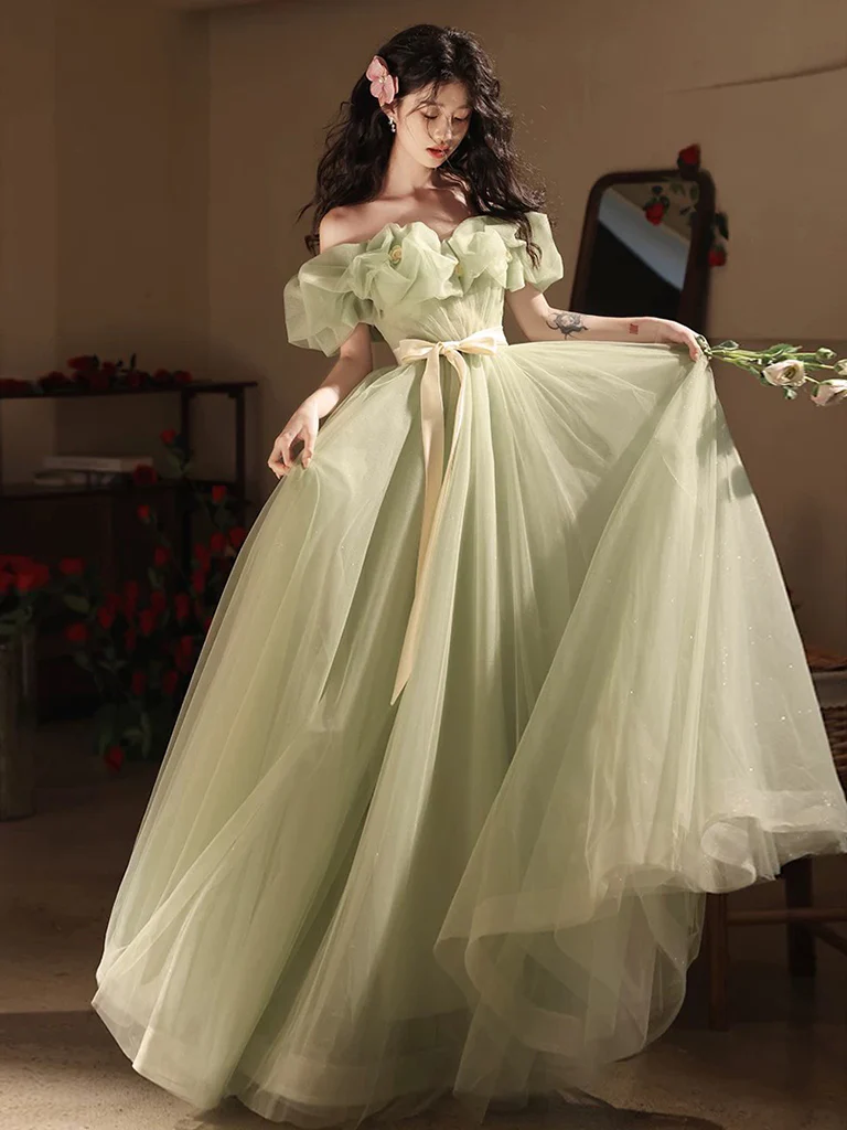 A-Line Off Shoulder Tulle Green Long Prom Dress, Green Long Formal Dress - Deanwangkt