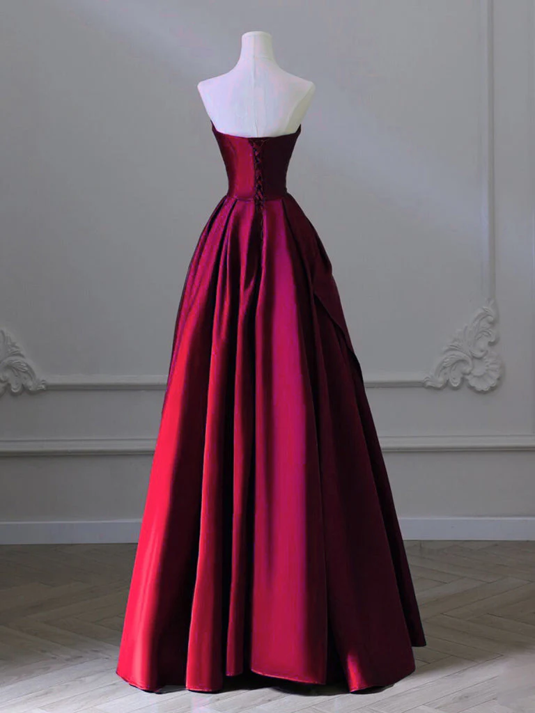 A-Line V Neck Satin Burgundy Long Prom Dress, Burgundy Long Formal Dress - Deanwangkt