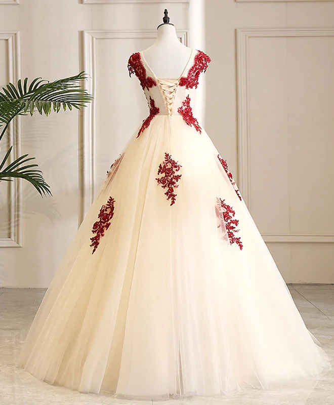 Burgundy Tulle Beads Lace Long Prom Dress Sweet 16 Dress - Deanwangkt