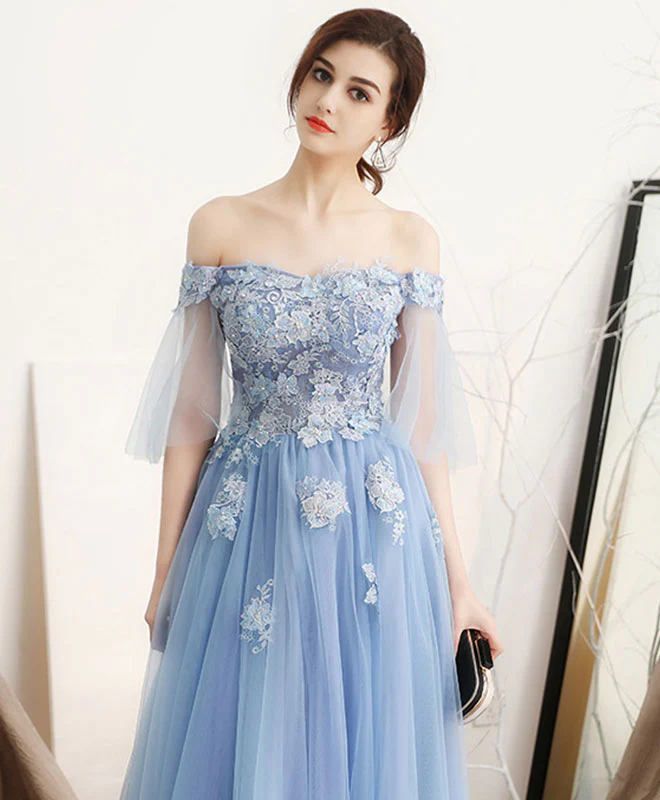 Unique Blue Off Shoulder Tulle Long Prom Dress, Blue Evening Dress - Deanwangkt