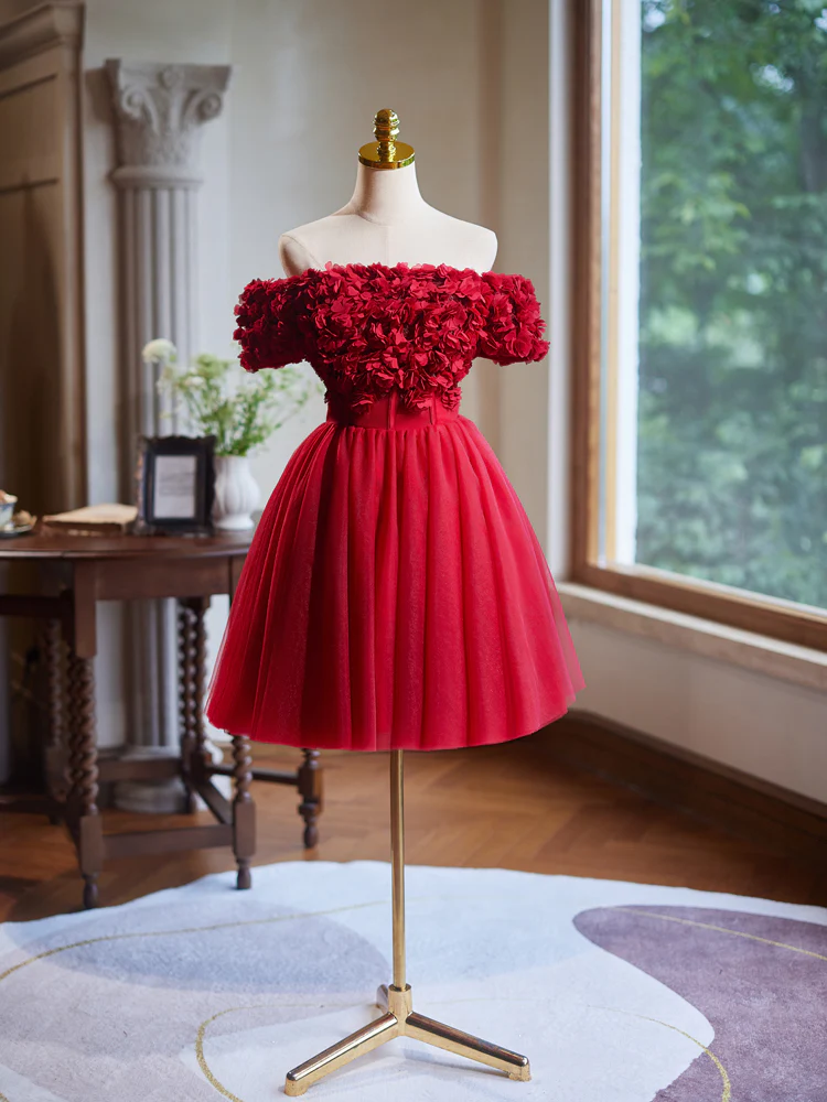 A-Line Tulle Lace Applique Red Short Prom Dress, Red Homecoming Dress - Deanwangkt