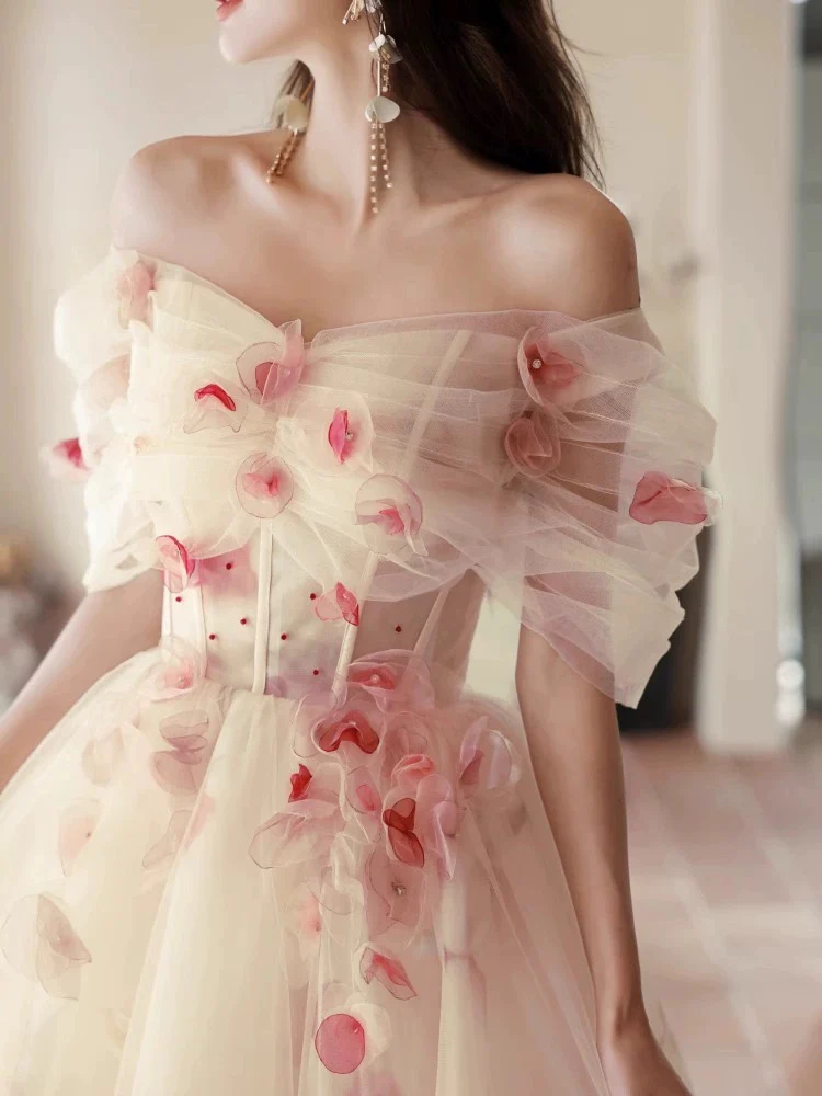 A-Line Off Shoulder Tulle Champagne Long Prom Dress, Champagne Long Formal Dress - Deanwangkt