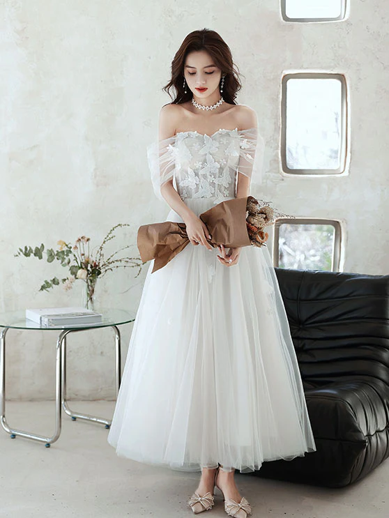 White Sweetheart Off Shoulder Tulle Lace Tea Length Prom Dress - Deanwangkt
