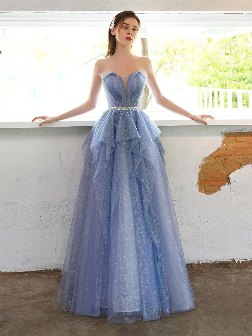 A-line Tulle Sequin Long Prom Dress, Tulle Sequin Long Evening Dress - Deanwangkt
