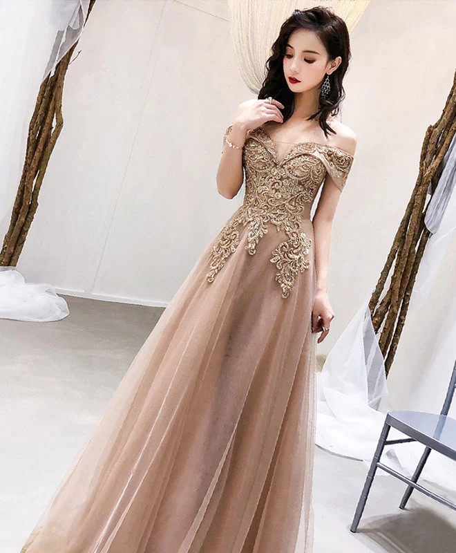 Champagne Tulle Off Shoulder Long Prom Dress, Tulle Evening Dress - Deanwangkt