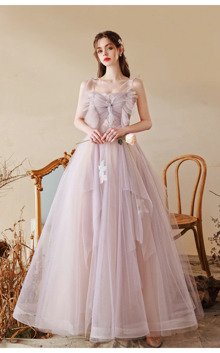 Unique Tulle Lace A line Long  Light Purple Prom Dresses,  Tulle Formal Graduation Dresses - Deanwangkt