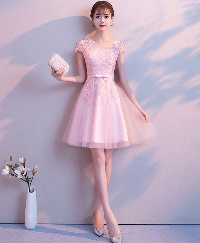 Pink Round Neck Tulle Lace Short Prom Dress Pink Homecoming Dress - Deanwangkt