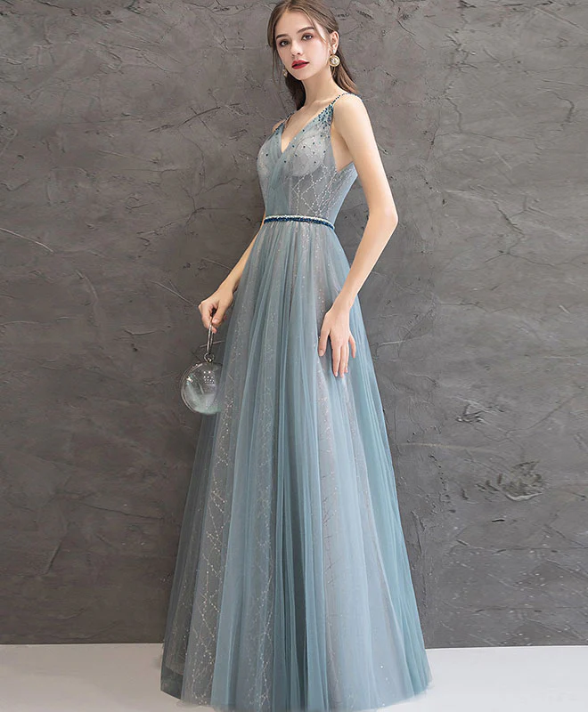 Gray Blue V Neck Tulle Long Prom Dress Gray Blue Evening Dress - Deanwangkt