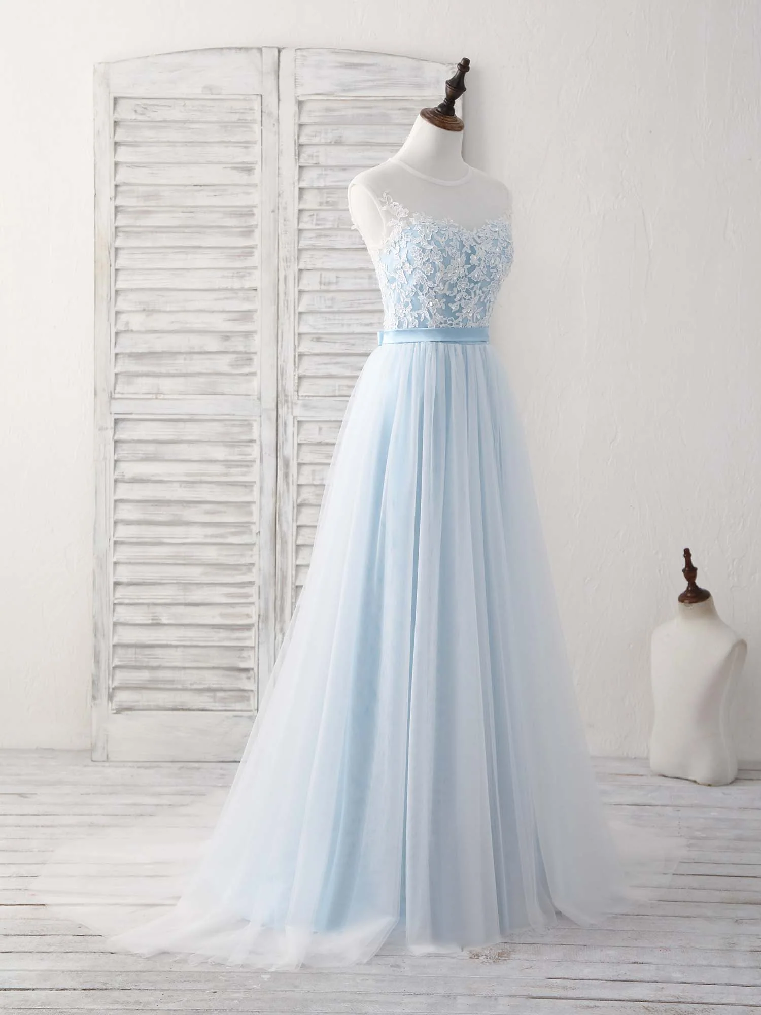 Blue Round Neck Tulle Lace Applique Long Prom Dresses - Deanwangkt
