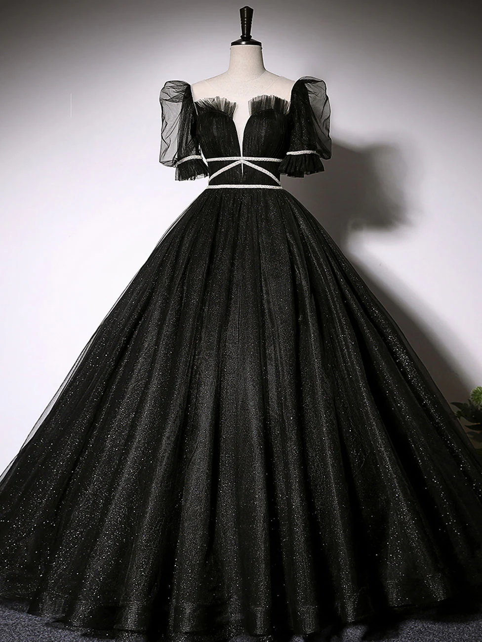 Black Scoop Neckline Long Prom Dress, Shiny Tulle Black Evening Dress - Deanwangkt