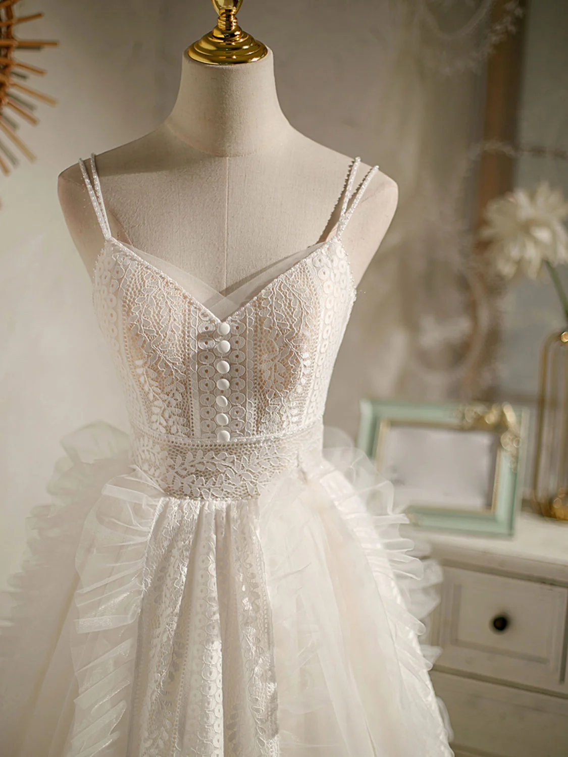 Cute Light Champagne Lace Tulle Short Prom Dress, Puffy Homecoming Dress - Deanwangkt