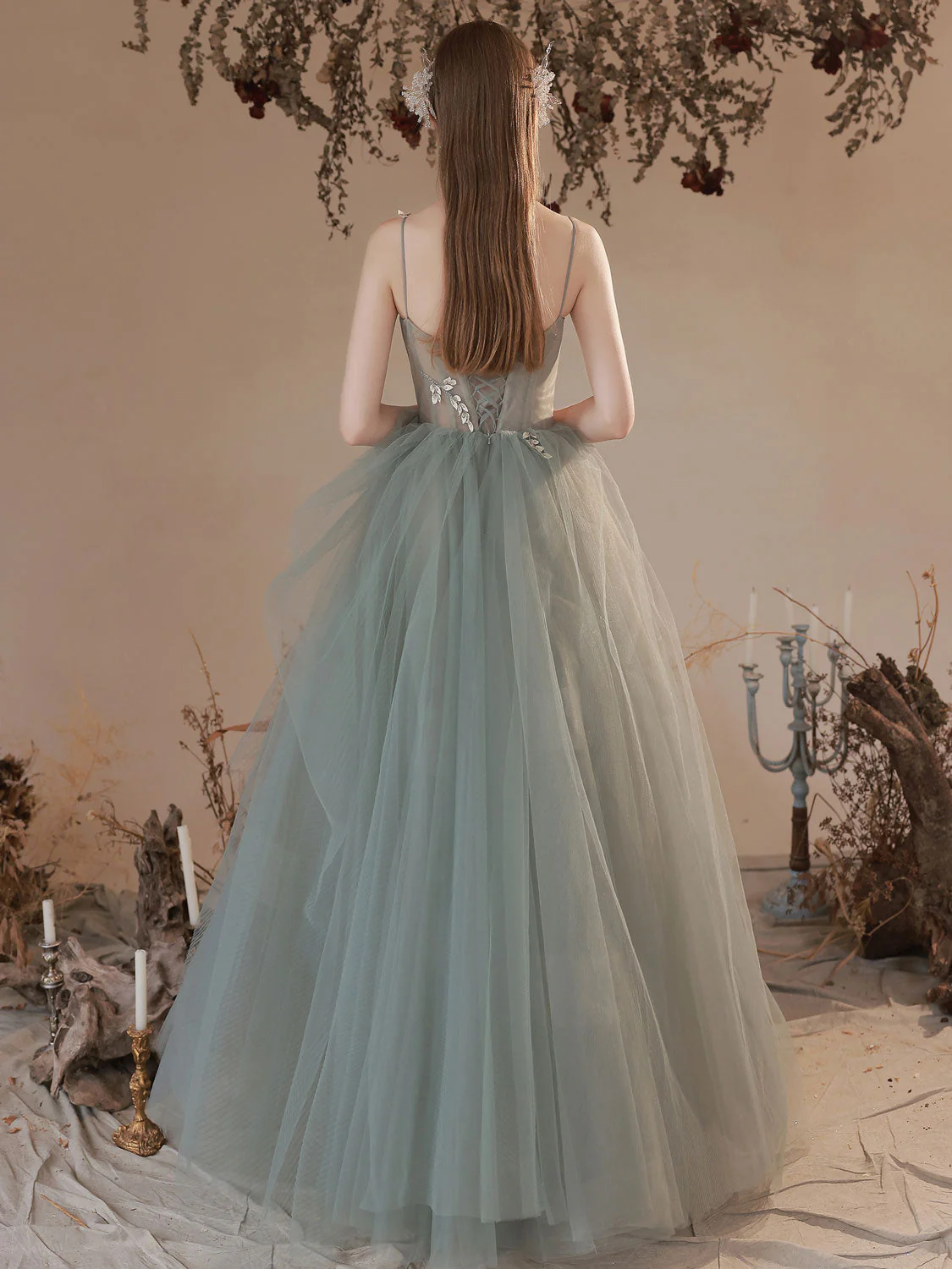 Gray Green Long Prom Dress, Gray Green Formal Graduation Dresses - Deanwangkt