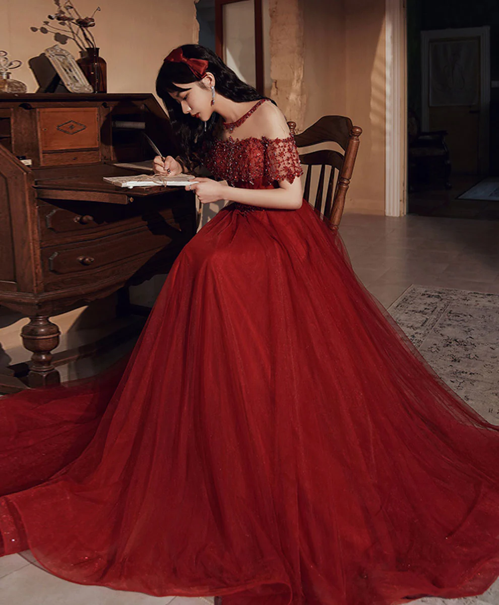 Burgundy Round Neck Beads Tulle Long Prom Dress, Burgundy Graduation Dresses - Deanwangkt