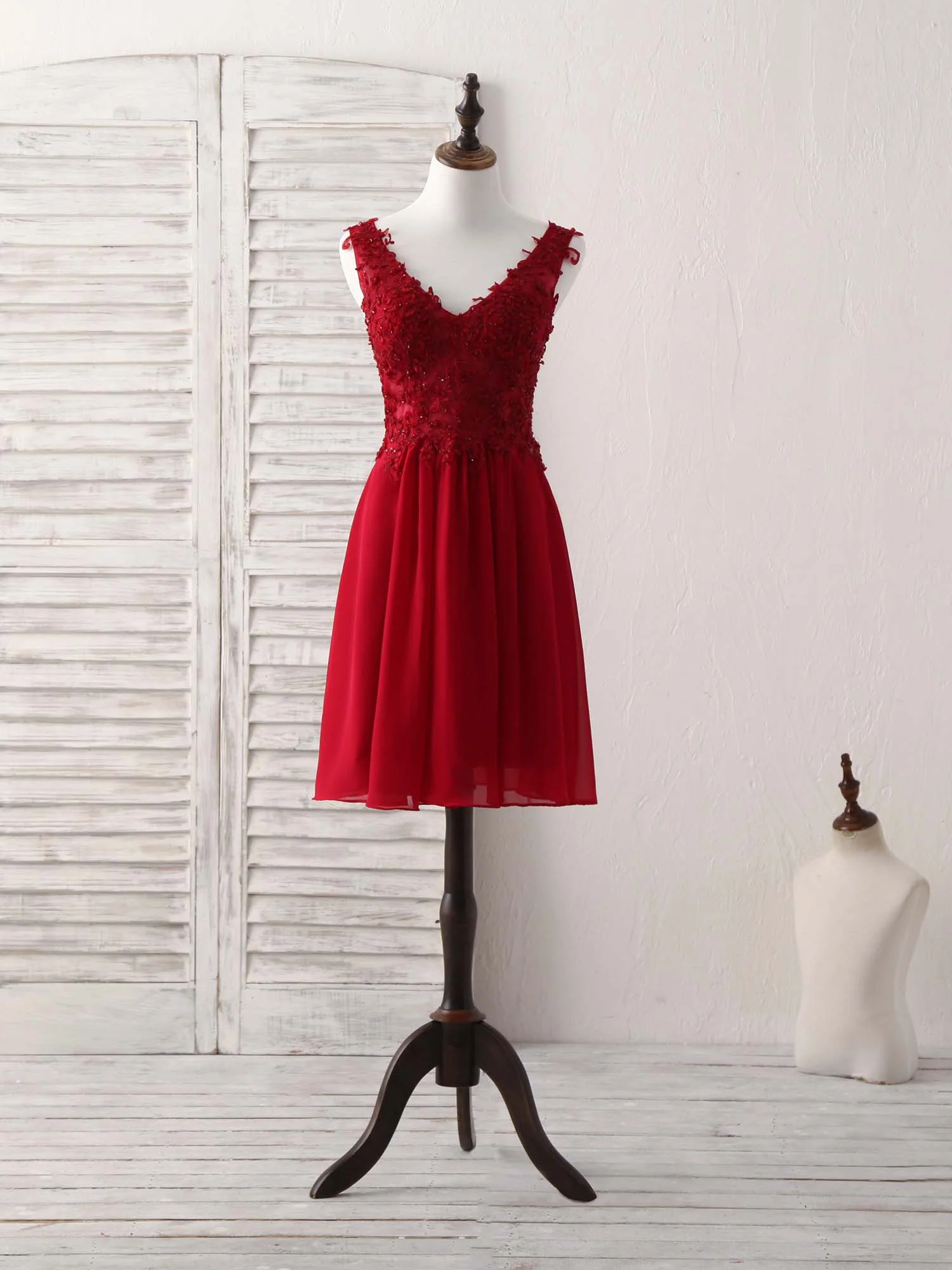 Burgundy Chiffon Lace Short Prom Dress Burgundy Homecoming Dress - Deanwangkt