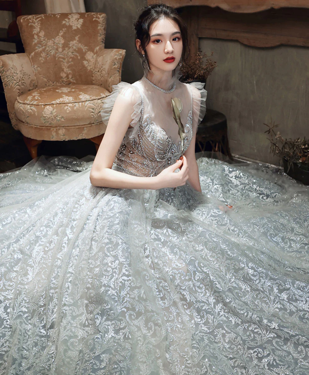 High Neck Tulle Gray Long Prom Dress, Gray Formal Evening Dress with Beading - Deanwangkt