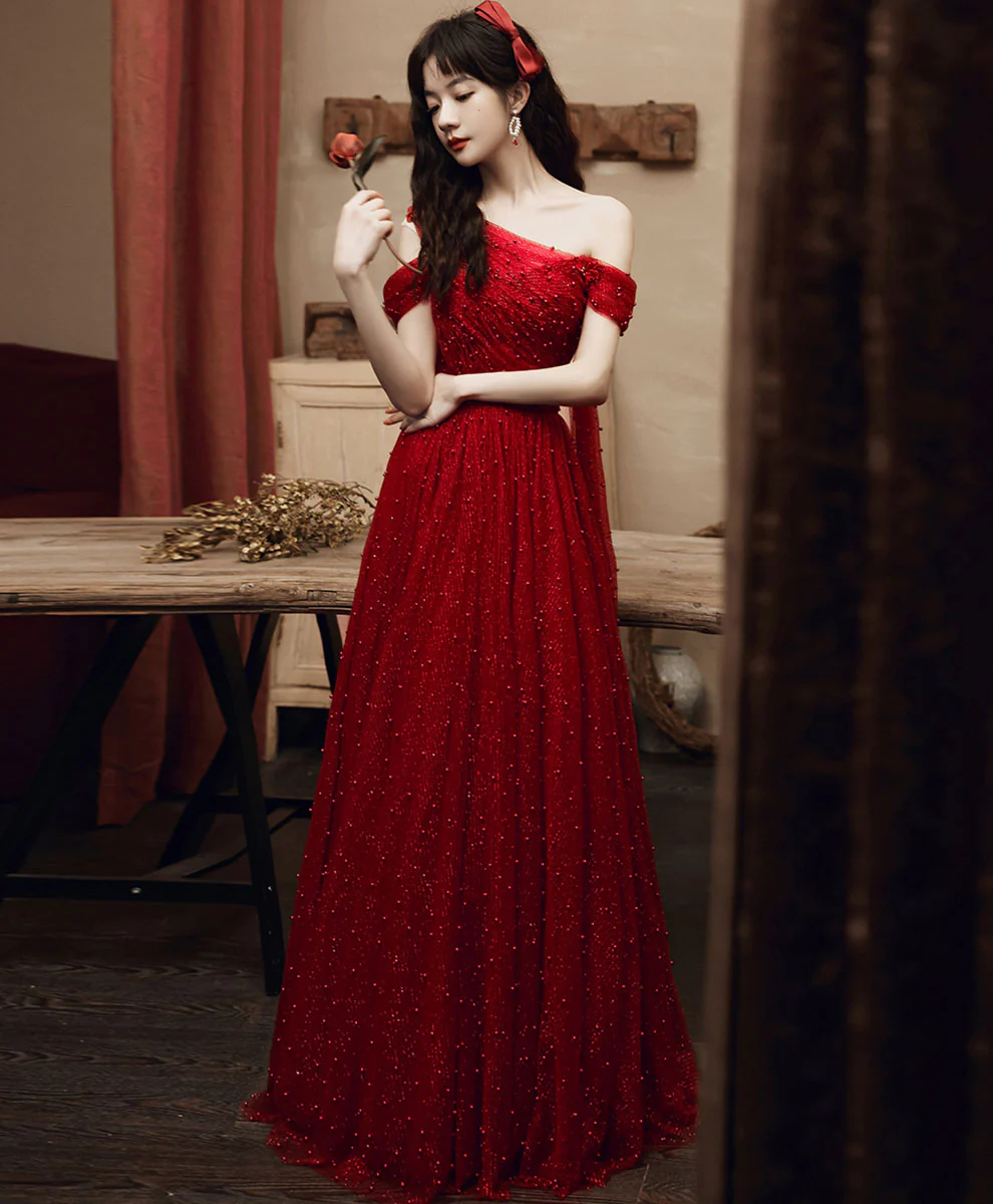 Burgundy One Shoulder Long Prom Dress, Burgundy Formal Graduation Dress - Deanwangkt