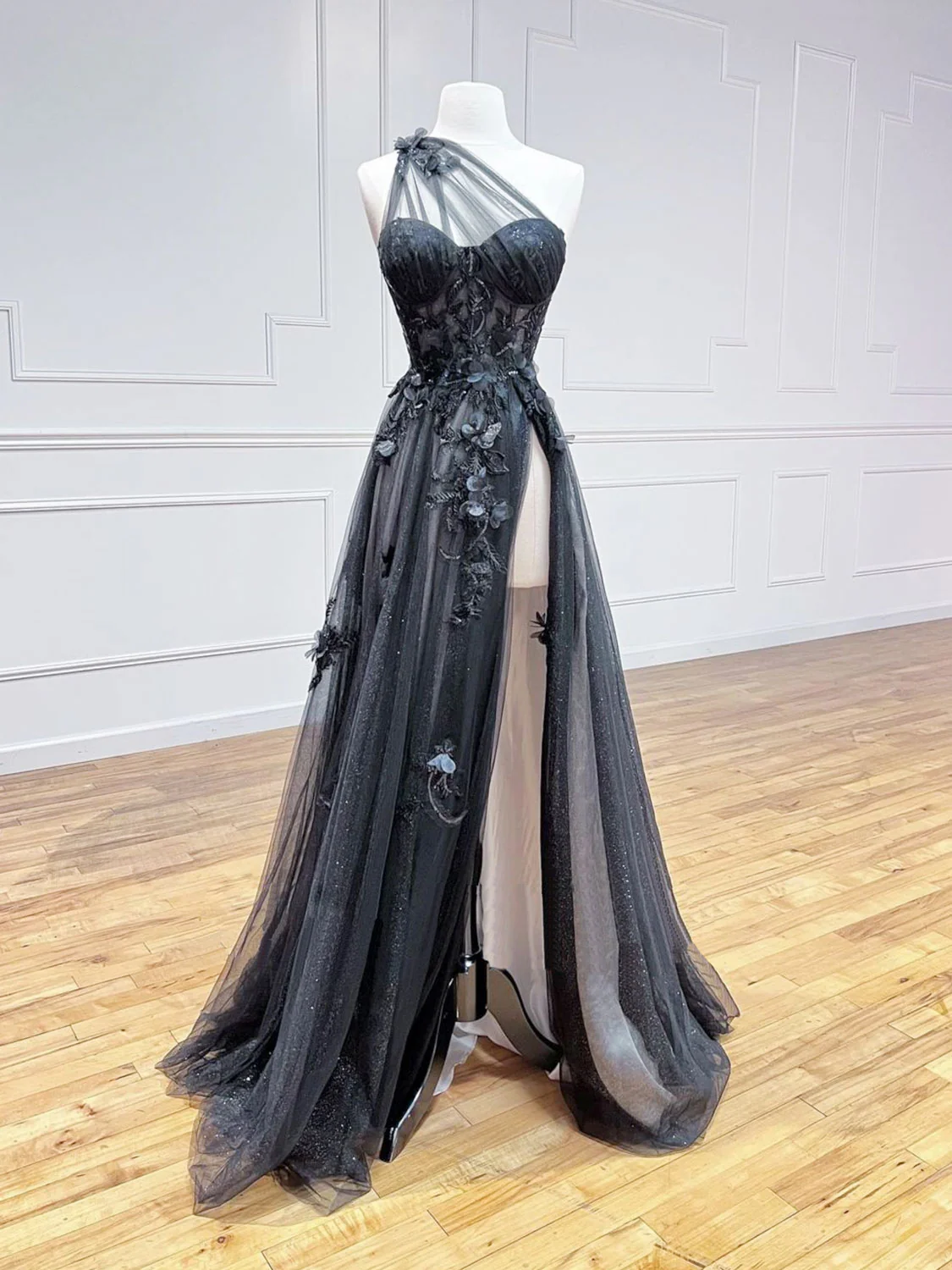 A-Line One Shoulder Tulle Black Long Prom Dress, Black Formal Evening Dress - Deanwangkt