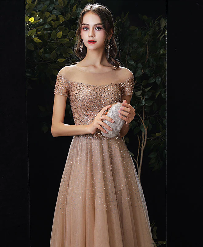 Gold Tulle Sequin Long Prom Dress, Champagne Tulle Formal Graduation Dress - Deanwangkt