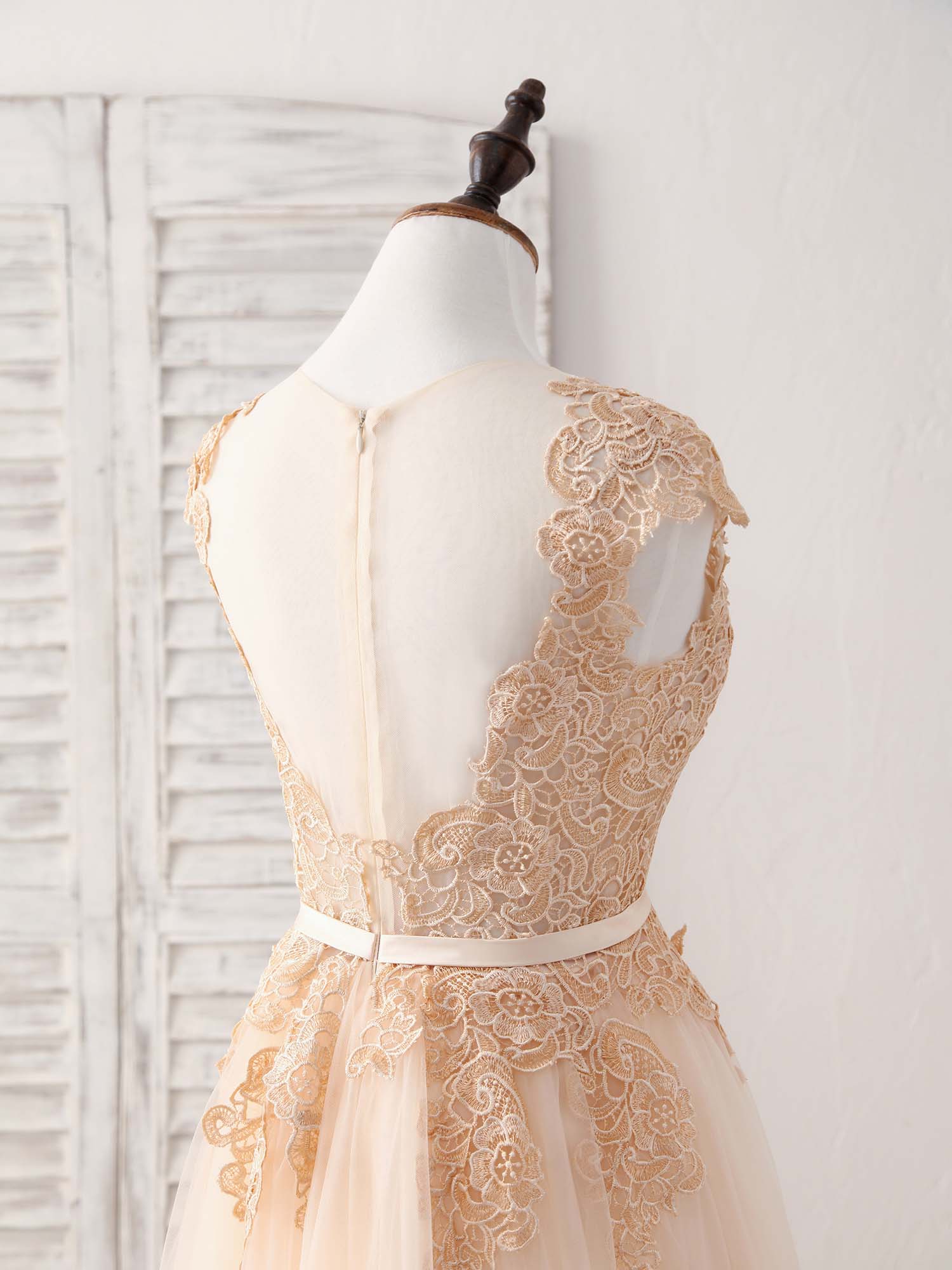 Champagne Round Neck Tulle Lace Applique Long Prom Dress - Deanwangkt