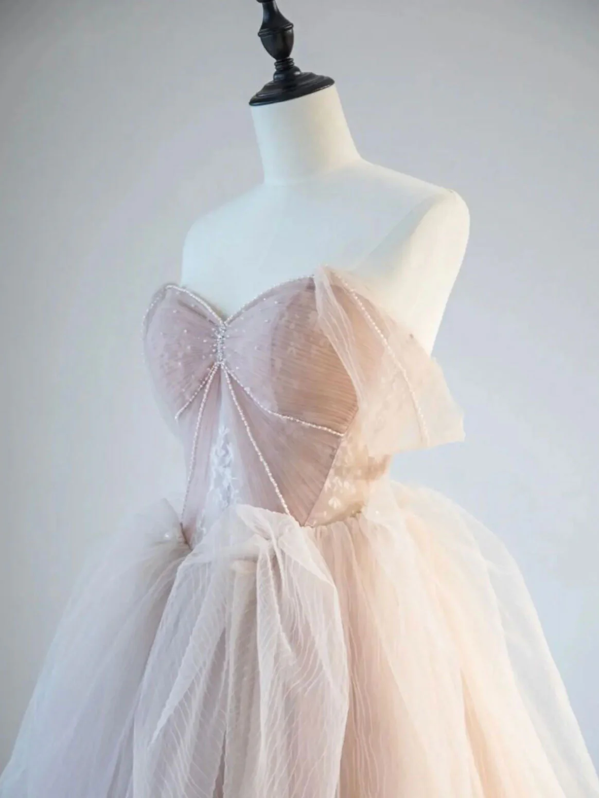 A-Line Off Shoulder Tulle Lace Champagne Pink Long Prom Dress, Lace Long Formal Dress - Deanwangkt