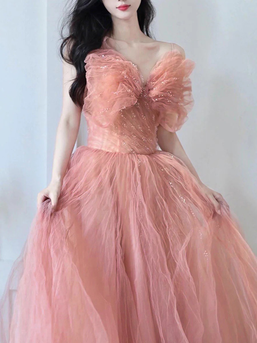 A line Pink Long Prom Dresses, Tulle Long Formal Graduation Dresses With Sequin Beading - Deanwangkt