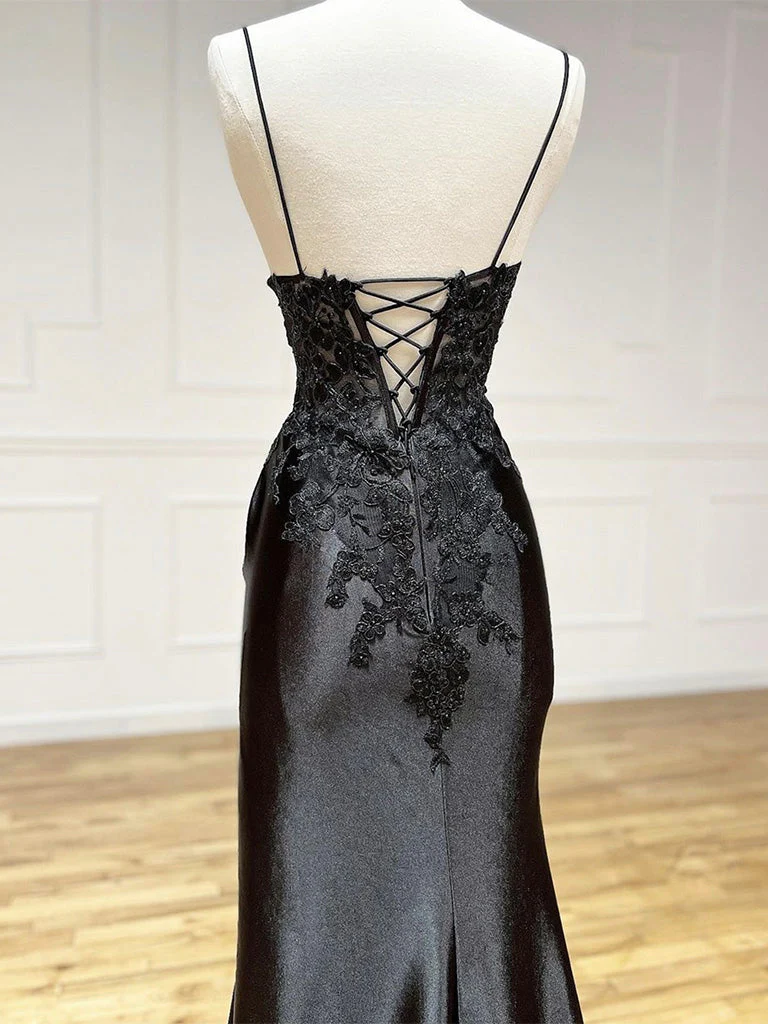 Dark Blue V Neck Satin Lace Long Prom Dress, Dark Blue Lace Long Evening Dress - Deanwangkt