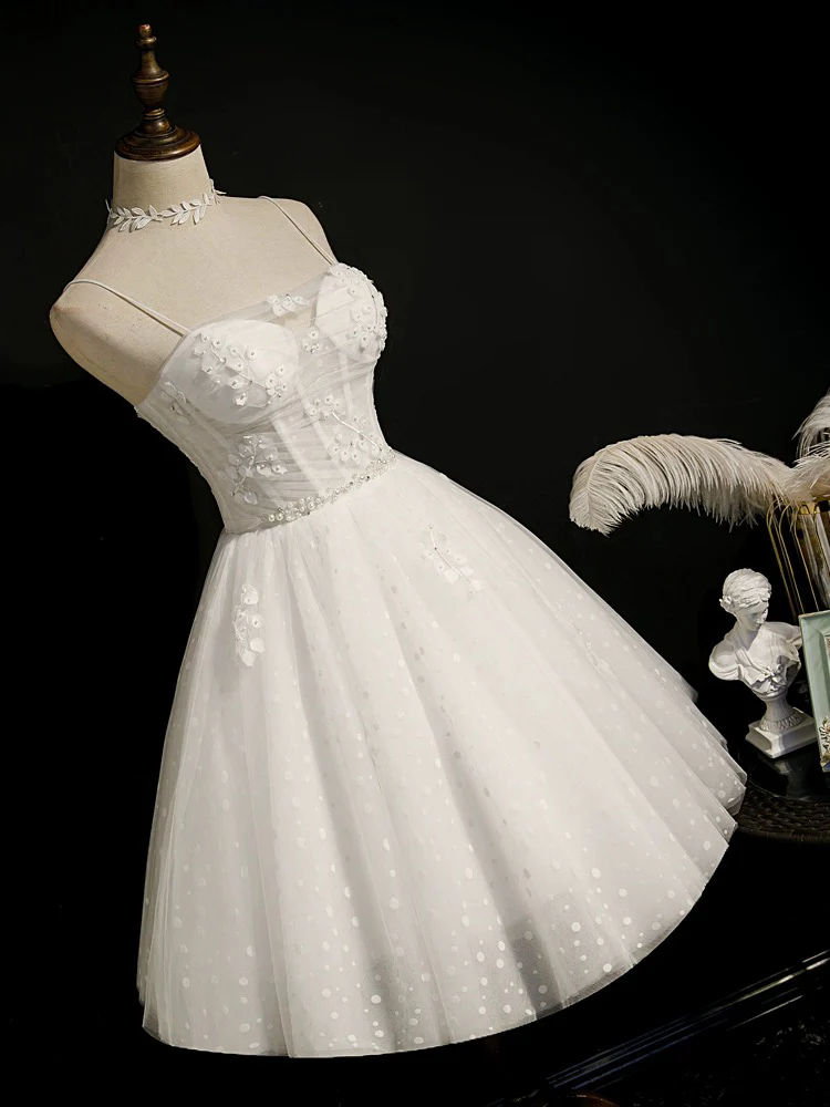 White Sweetheart Neck Tulle Lace Short Prom Dress, White Homecoming Dress - Deanwangkt