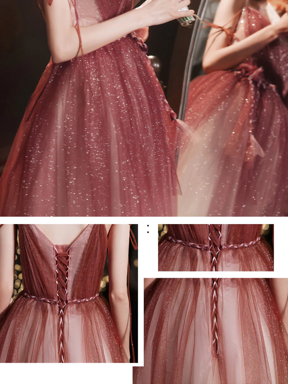 Simple Burgundy Tulle Long Prom Dress, Burgundy Formal Graduation Dress - Deanwangkt