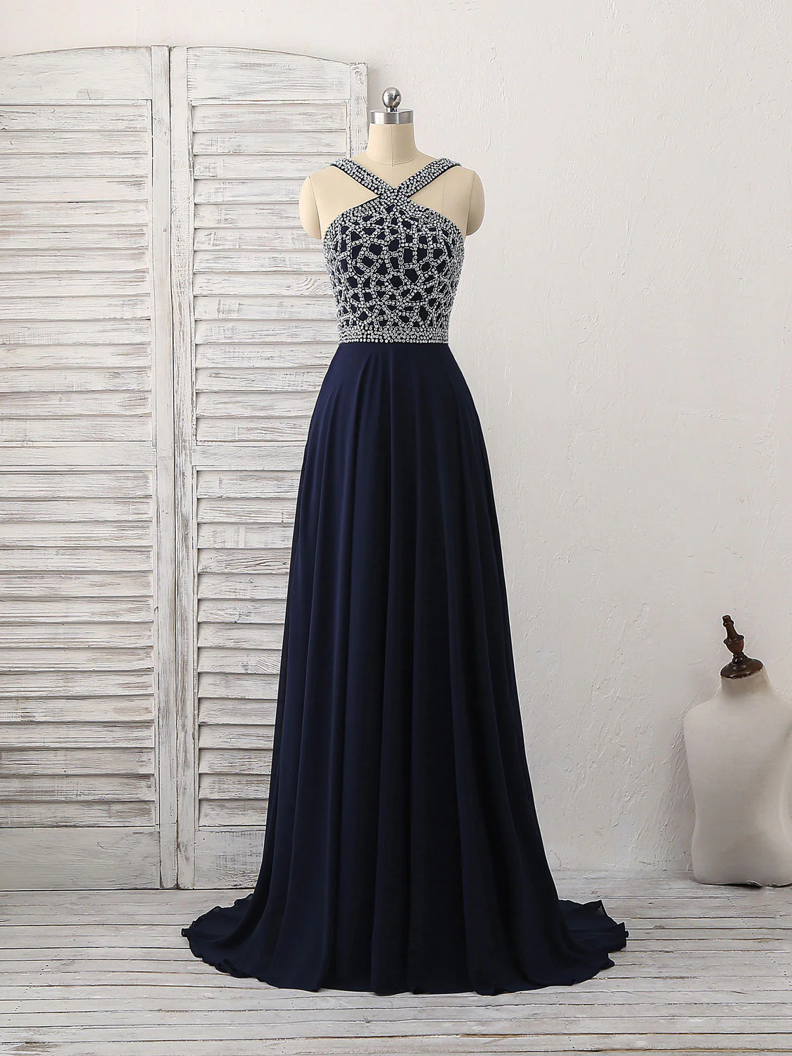 Dark Blue Chiffon Beads Long Prom Dress, Blue Evening Dress - Deanwangkt