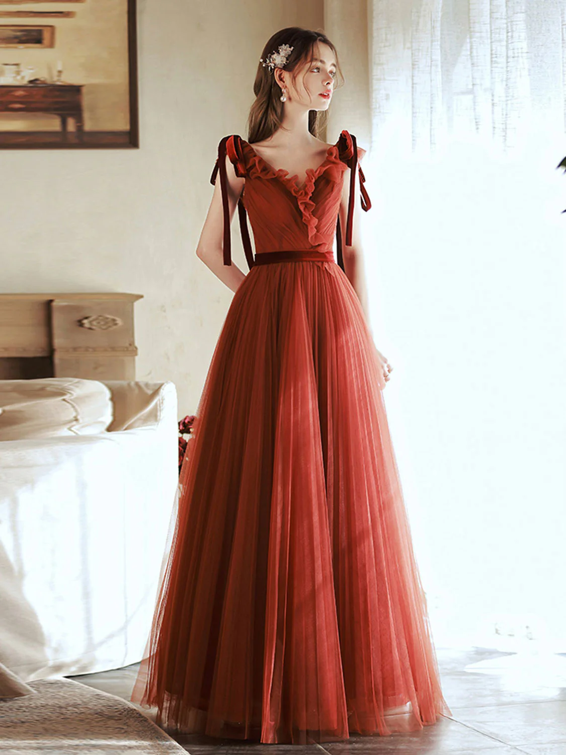 Brick Red V Neck Tulle Long Prom Dresses, Brick Red Tulle Formal Graduation Dresses - Deanwangkt