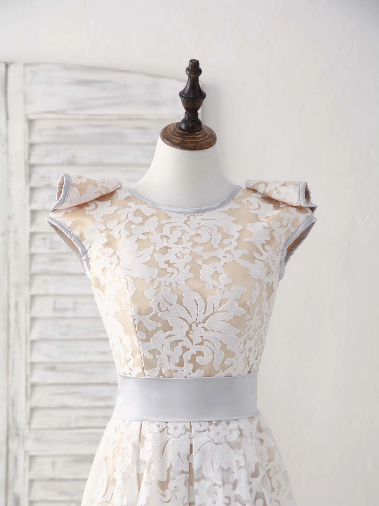 White Round Neck Lace High Low Prom Dress White Bridesmaid Dress - Deanwangkt